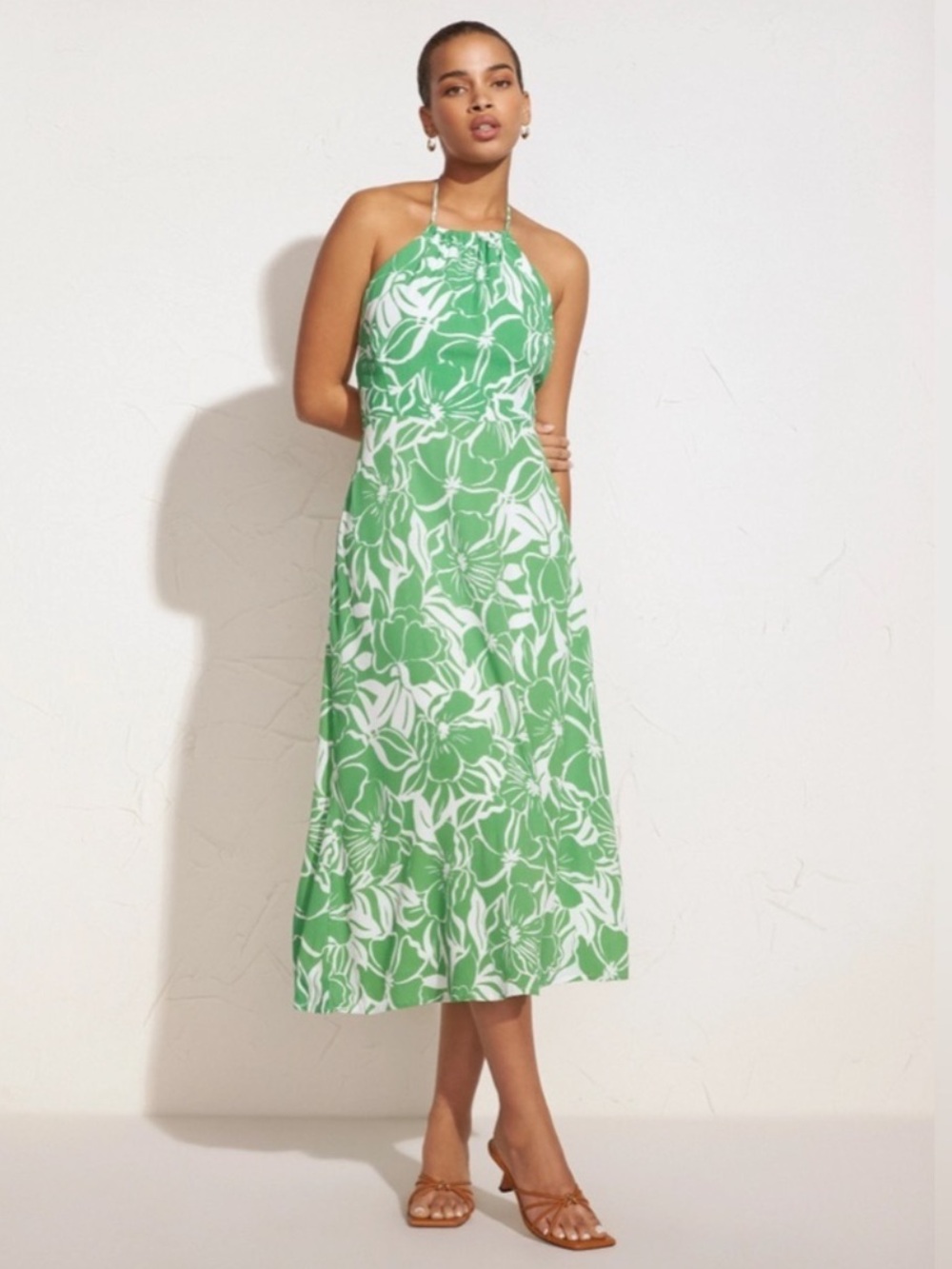 Faithfull the Brand Dress 4 Taormina Green White Floral Halter Midi El Marissa